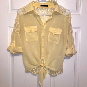 sheer light yellow lace back front tie blouse